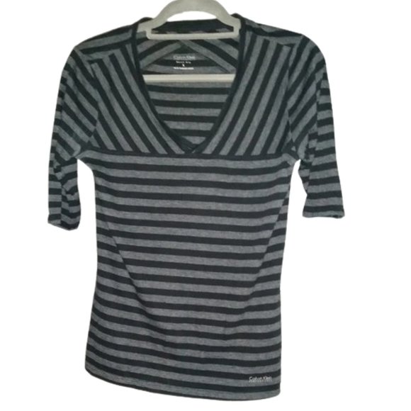 Calvin Klein Striped V Neck Tee Stripe Top Black Gray Grey Stripes Quick Dry L - Picture 5 of 8